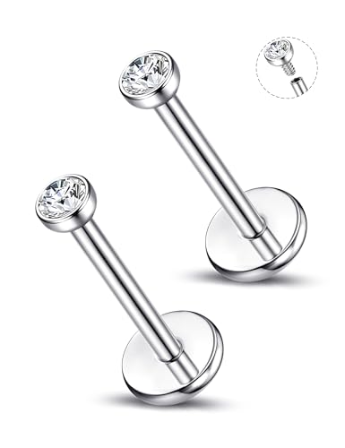 ORAZIO Silver Flat Back Stud Earrings, 18G 316L Surgical Steel Internal Thread CZ Studs Hypoallergenic Conch Cartilage Helix Tragus Piercing Jewelry Lip Labret Medusa Nose Studs for Women Men S 10 - Image 1