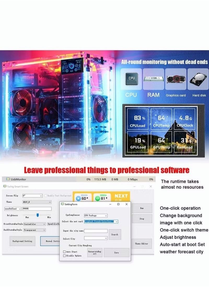 ASIV - Computer Temperature Monitor, PC Sensor Panel Monitor for PC ARGB Computer Case 3.5 Inch Secondary Screen, IPS USB Mini Screen PC CPU RAM HDD Data Monitor - Image 1