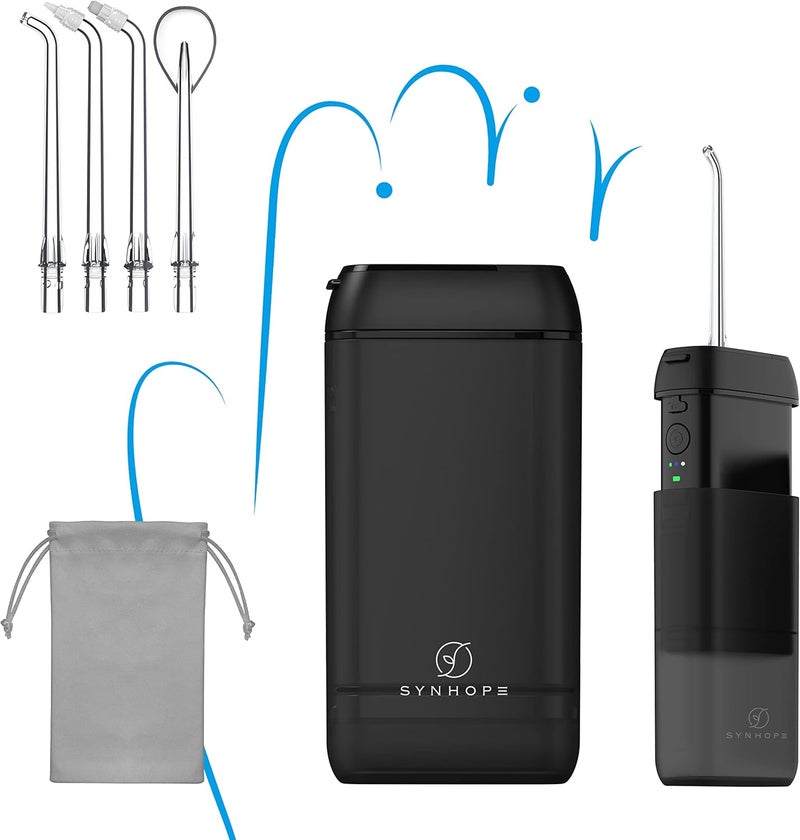SYNHOPE Water Flosser [ Mini Cordless Portable ] Oral Irrigator Water Teeth Cleaner Pick, Telescopic Water Tank, 3 Modes & IPX7 Waterproof, Home & Travel Water Floss for Teeth, Braces Bridges Care (Black) - Image 1