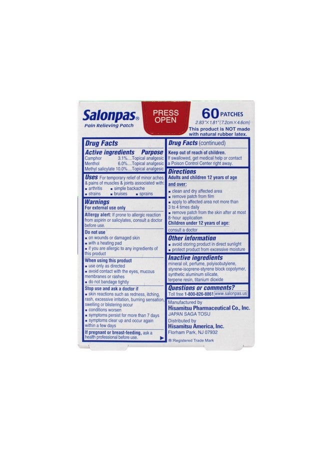 Salonpas Pain Relieving Patches 2.83" x 1.81" 60 Count, Pack 3 - Image 1