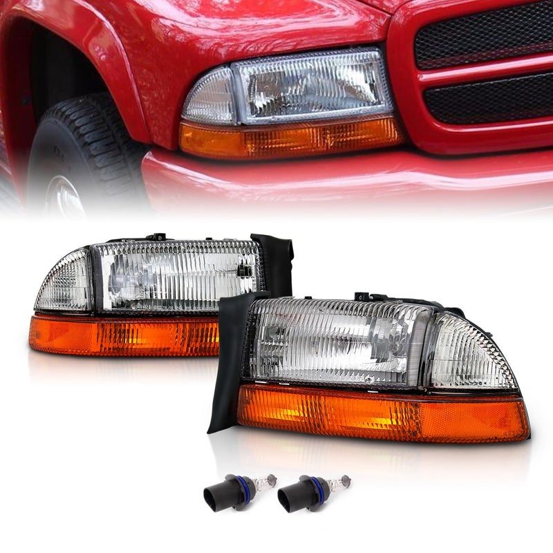 AmeriLite Chrome Headlights Parking Turn Signal Sets 4Pc For Dodge DakotaDurango Pair wMounting Bracket