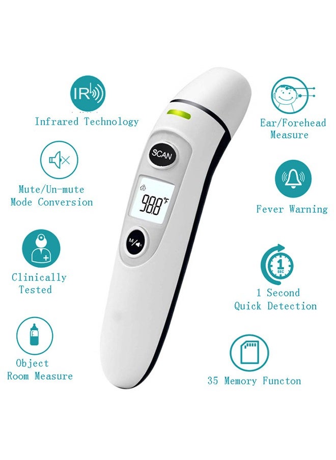 Non-Contact Forehead and Ear Thermometer, Digital Infrared Thermometer for Adults and Children, Mute and Memory Functions, Fast and Accurate Measurement