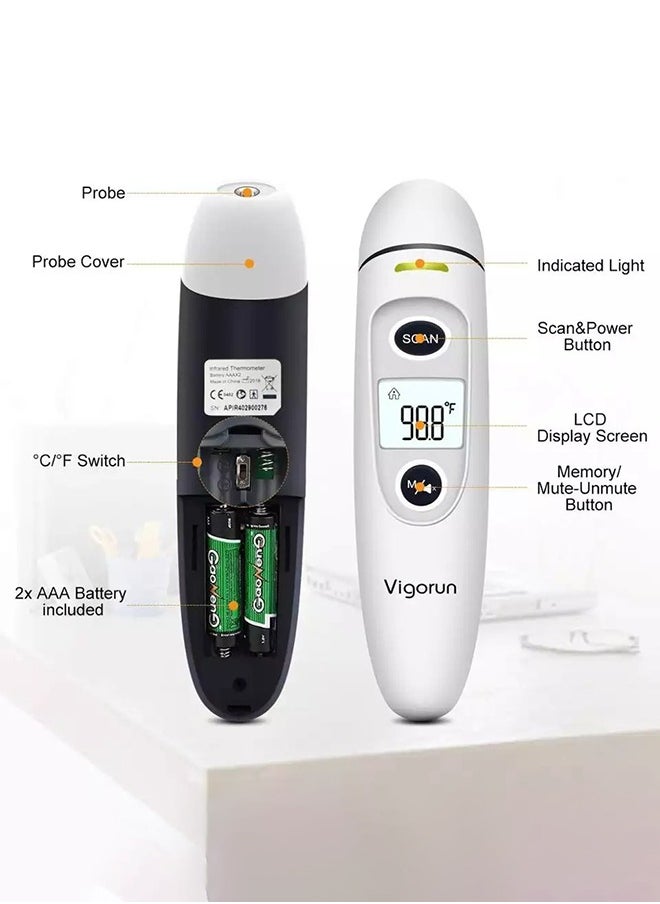 Non-Contact Forehead and Ear Thermometer, Digital Infrared Thermometer for Adults and Children, Mute and Memory Functions, Fast and Accurate Measurement