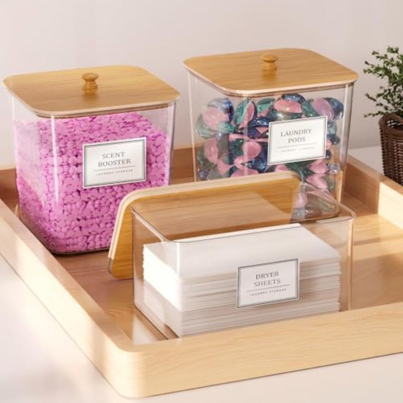 Laundry Pods Storage Container, Clear Laundry Room Organization and Storage, Detergent Powder Container, with Wooden Lids and Labels, 3+1 - Image 3