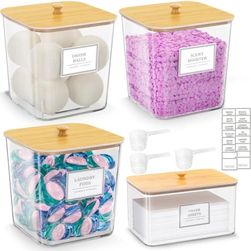 Laundry Pods Storage Container, Clear Laundry Room Organization and Storage, Detergent Powder Container, with Wooden Lids and Labels, 3+1 - Image 1