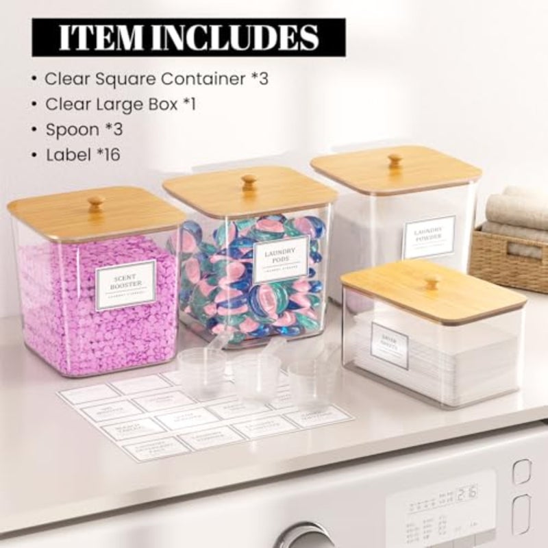 Laundry Pods Storage Container, Clear Laundry Room Organization and Storage, Detergent Powder Container, with Wooden Lids and Labels, 3+1 - Image 5