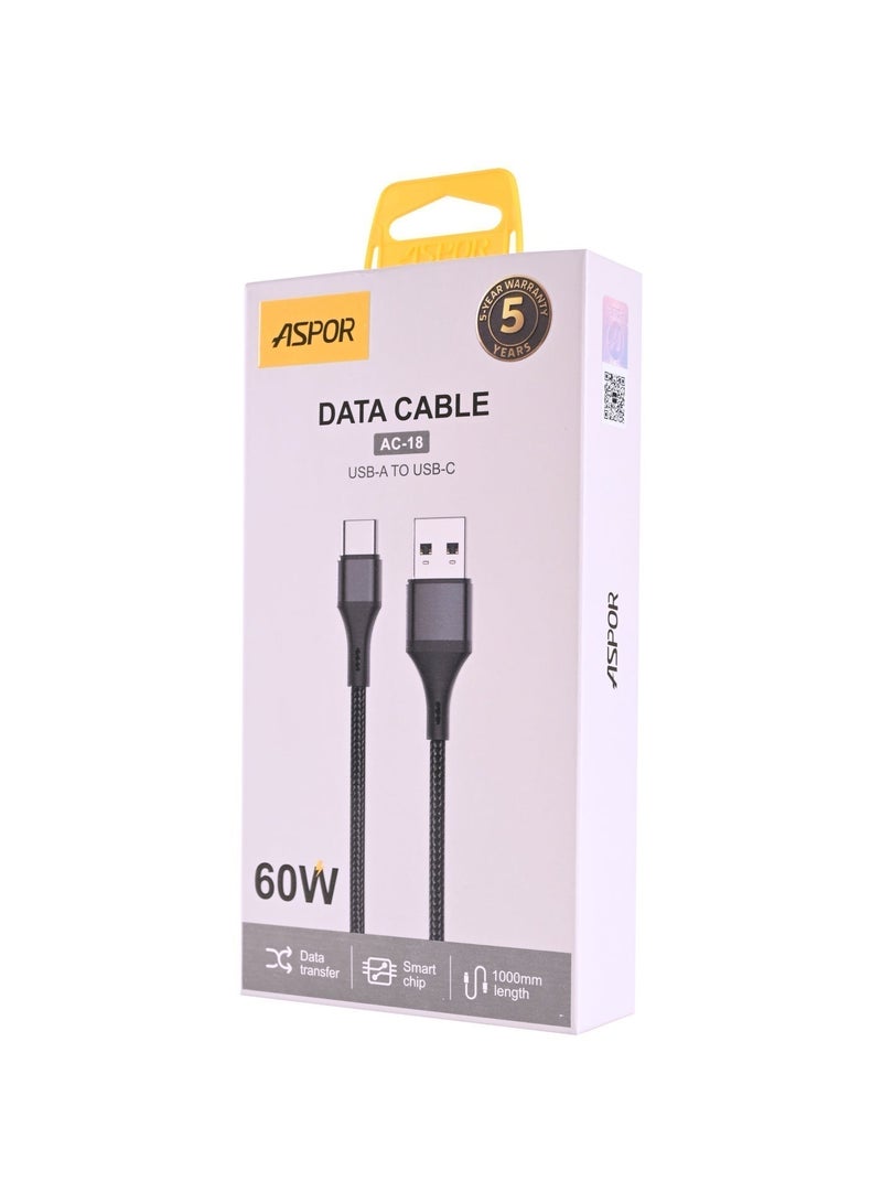 أسبور كيبل جوال ASPOR AC-18 USB-A إلى USB-C – شحن فائق السرعة وأداء احترافي 🔌 - Image 1