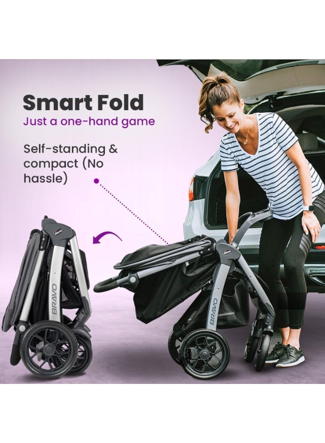 Chicco Bravo Quick Fold Stroller, Pram for 0-5 years New Born / Baby / Toddler / Kid (Boy,Girl), Linked Brakes, Large Wheels with Suspension, One-hand Smart Fold, Child and Parent Trays, Big Storage Basket, Compact, Sturdy and Premium Finish, Large Extendable UPF Rated Canopy (Upto 22 Kgs, Black) - Image 3