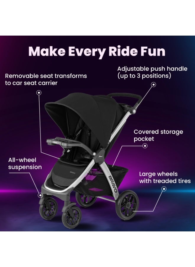 Chicco Bravo Quick Fold Stroller, Pram for 0-5 years New Born / Baby / Toddler / Kid (Boy,Girl), Linked Brakes, Large Wheels with Suspension, One-hand Smart Fold, Child and Parent Trays, Big Storage Basket, Compact, Sturdy and Premium Finish, Large Extendable UPF Rated Canopy (Upto 22 Kgs, Black) - Image 2