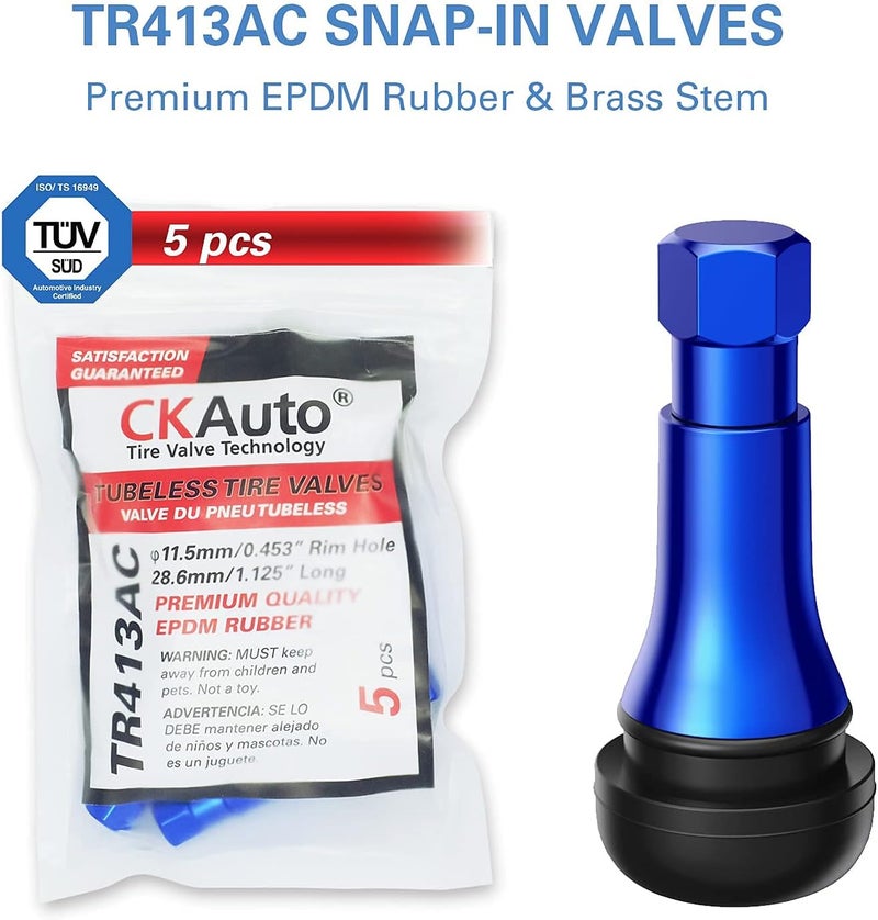 CKAuto TR413AC Blue Chrome Rubber Snap-in Tire Valve Stems (5 Pack) - Image 2