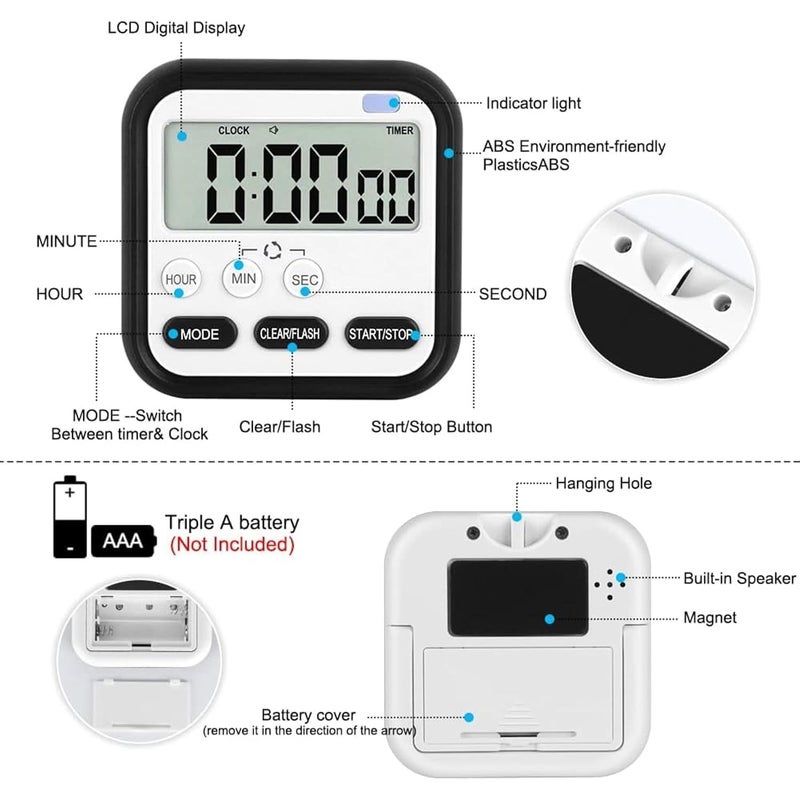 TURBID Digital Kitchen Timer with MuteLoud Alarm Switch ONOff Switch 24 Hour Clock Alarm Memory Function Count Up Count Down for Kids Teachers Cooking Large LCD Display Strong Magnet BLACK - Image 3