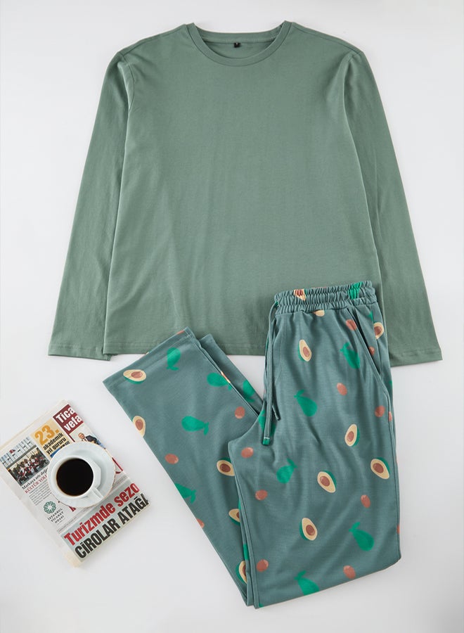 trendyol Mint Printed Regular Fit Knitted Pajama Set TMNAW25PT00037 - Image 1