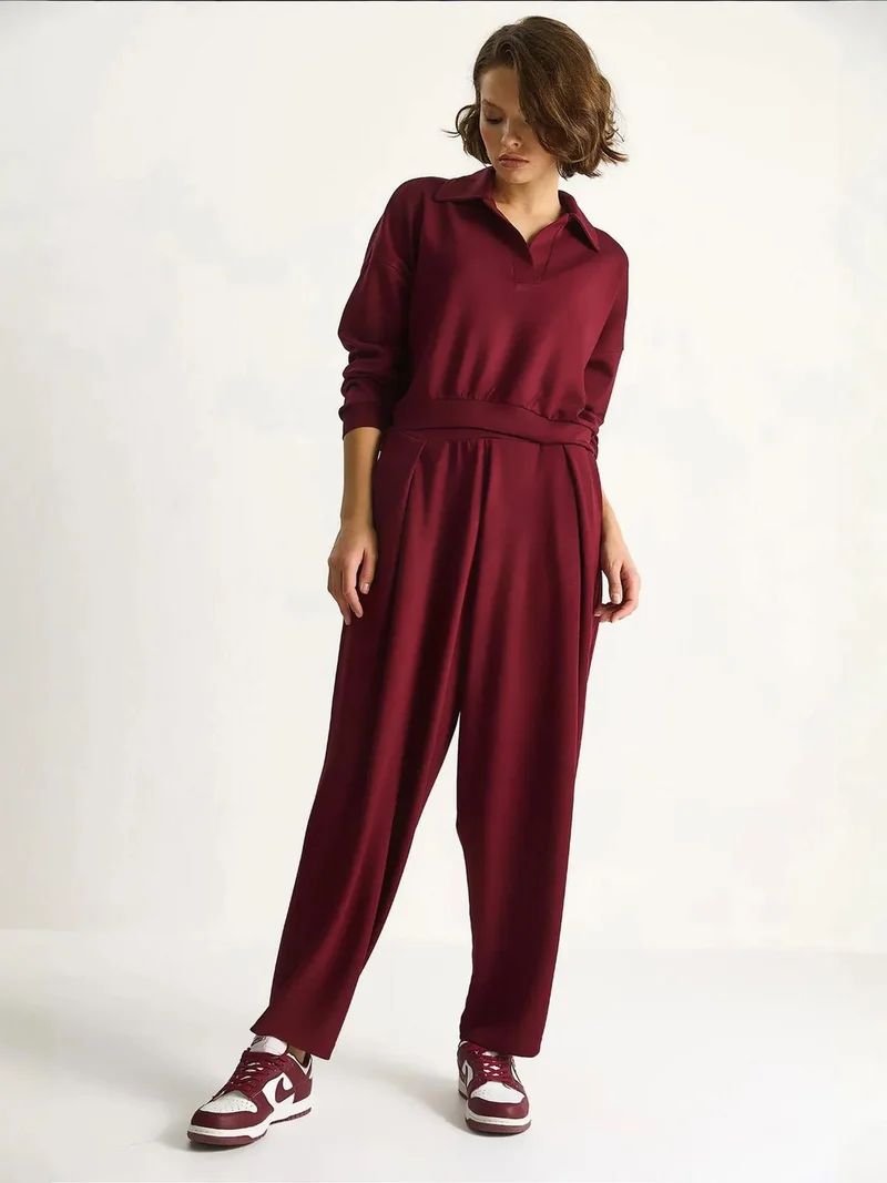 Bianco Lucci Burgundy Red LUCCI High Waist Textured Knitted Two-Piece Coord Set for Women | Best Price UAE