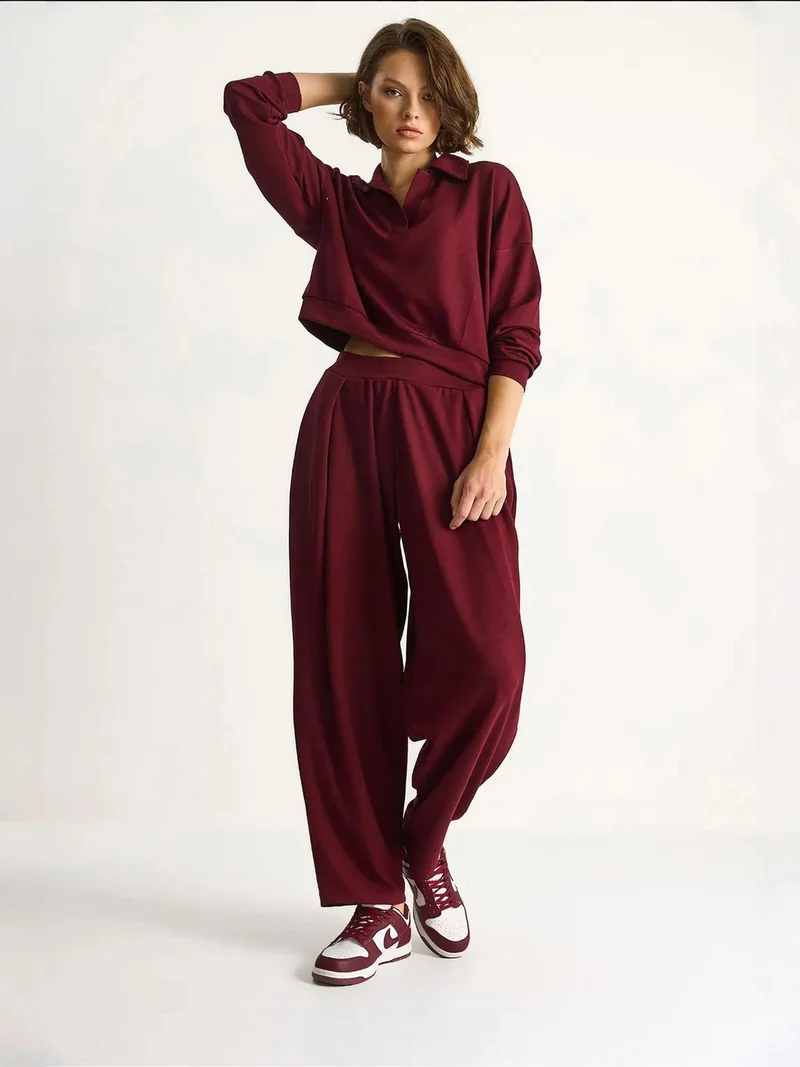 Bianco Lucci Burgundy Red LUCCI High Waist Textured Knitted Two-Piece Coord Set for Women | Best Price UAE