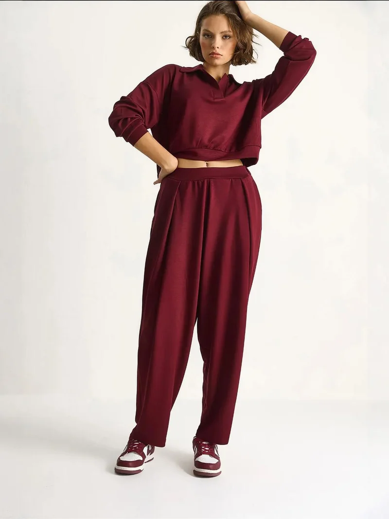 Bianco Lucci Burgundy Red LUCCI High Waist Textured Knitted Two-Piece Coord Set for Women | Best Price UAE