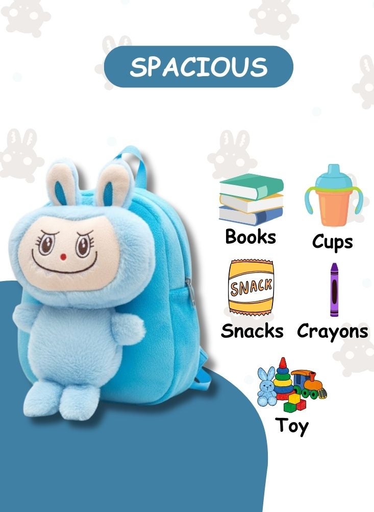بريميم حقيبة ظهر لابوبو ثلاثية الأبعاد على شكل أرنب أزرق للأطفال - حقيبة مدرسية فائقة النعومة وخفيفة الوزن على شكل أرنب كرتوني للأطفال الصغار ورياض الأطفال ودور الحضانة - Image 4