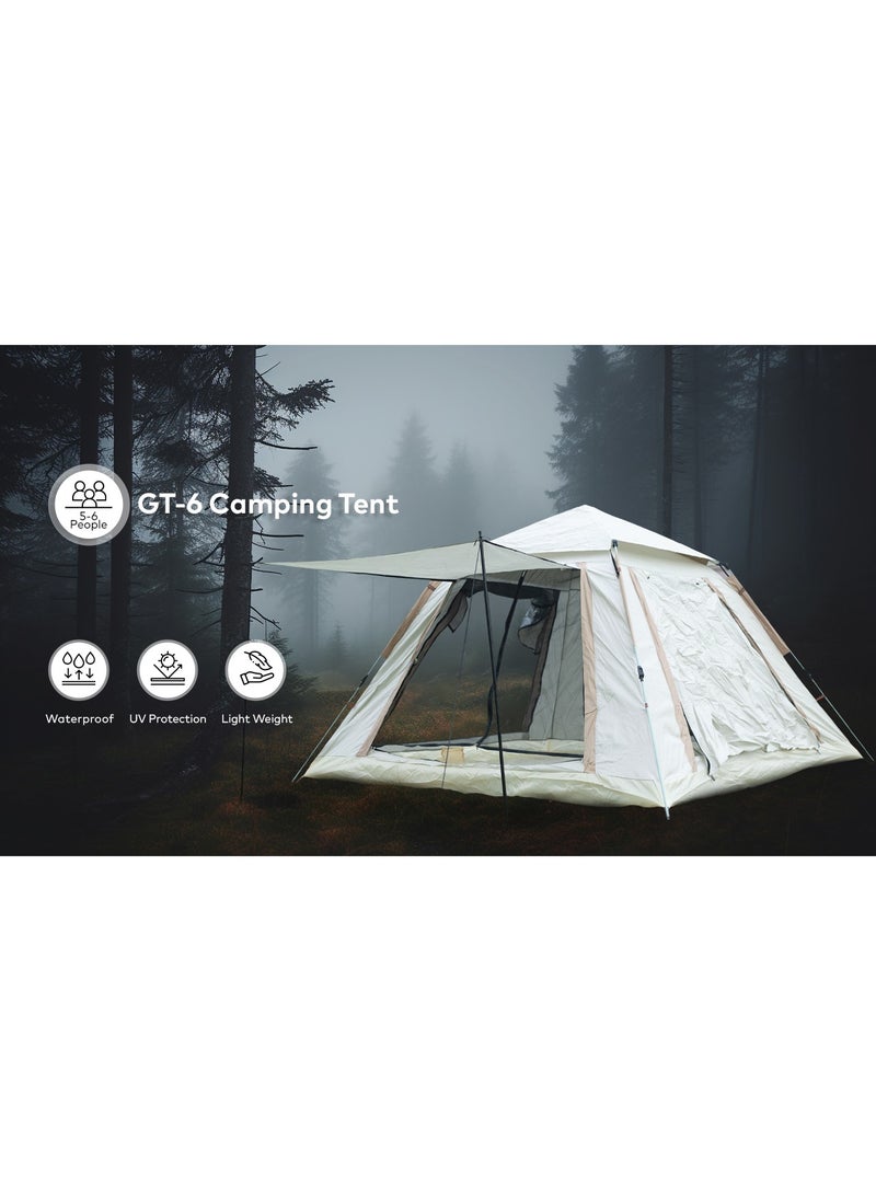 GREEN LION GT-6 Camping Tent / 5-6 People Capacity / 210D Oxford Floor / Polyester Silver Coating Fly / UV Protection / Light Weight / Waterproof / Ventilated Mesh / Windproof Rope - Beige  - Image 3