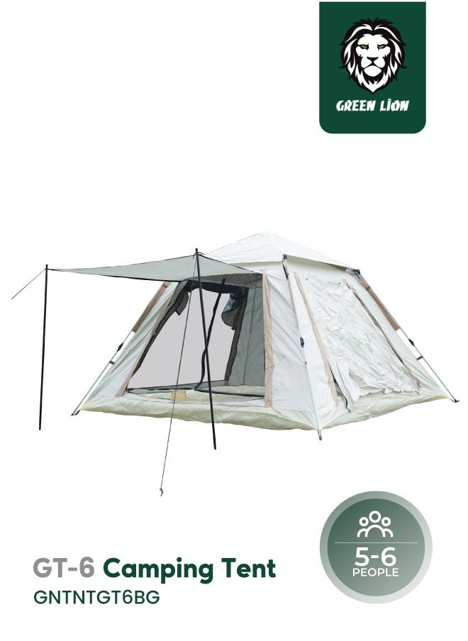 GREEN LION GT-6 Camping Tent / 5-6 People Capacity / 210D Oxford Floor / Polyester Silver Coating Fly / UV Protection / Light Weight / Waterproof / Ventilated Mesh / Windproof Rope - Beige  - Image 1