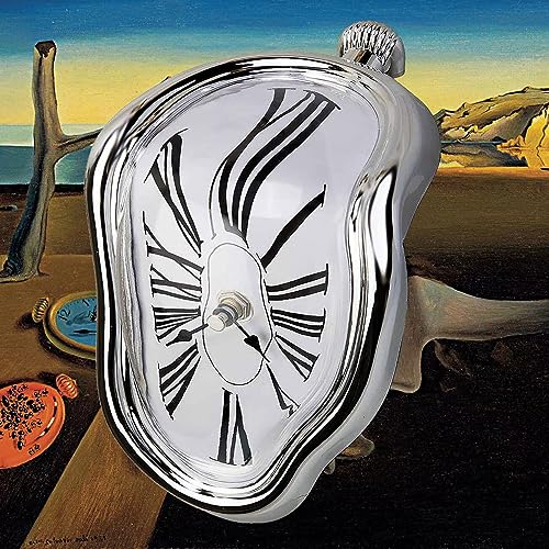 FAREVER Melting Clock, Salvador Dali Watch Melted Clock for Decorative Home Office Shelf Desk Table Funny Creative Gift, Rome Silver - Image 1