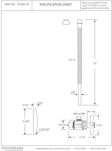 Westbrass D105K12X26 58 x 38 OD x 12 Corrugated Riser Supply Line Kit with Cross Handle Angle Supply Shut Off Valve for Faucet and Toilet Polished Chrome - Image 3