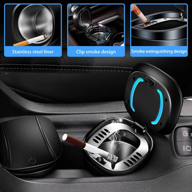 WaiNynyda Car Ashtray with Lid Smell Proof, Smokeless Ashtray, Mini Car Trash Can, Detachable Stainless Steel Ash Tray with Lid and LED Blue Light - Image 3