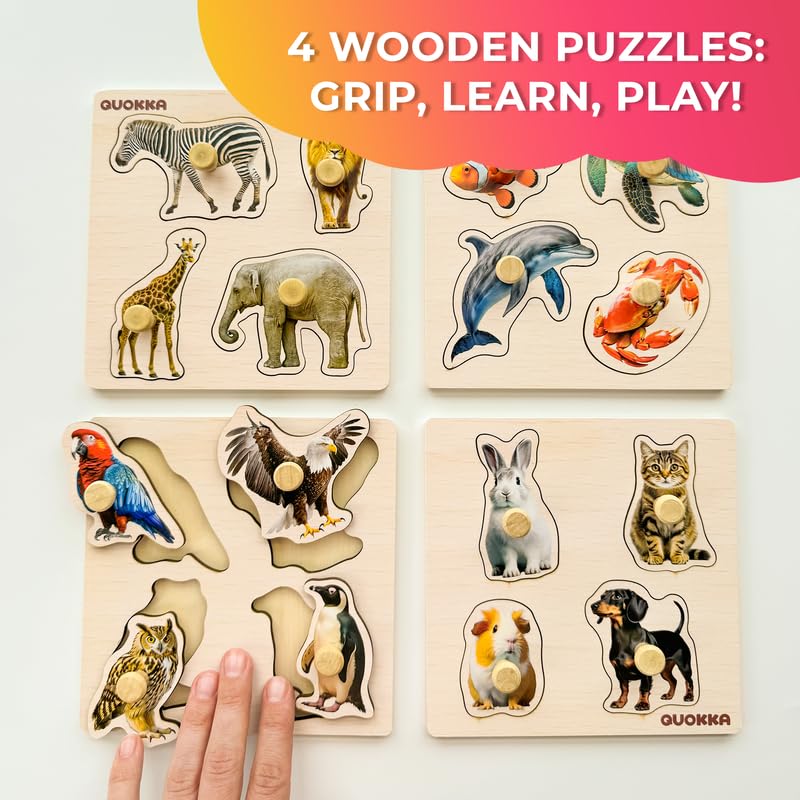 QUOKKA Toddler Puzzles Ages 24 in a Bag 6 Montessori Wooden Puzzles for Toddlers 35 Year Old Preschool Wood Game for Boys and Girls 46 Gift for Learning Realistic Animals Fruits Vehicles - Image 5