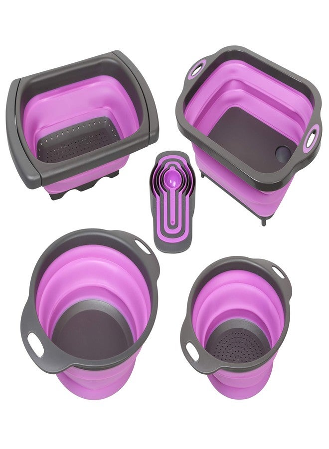 purplechef مجموعة أدوات مطبخ سيليكون قابلة للطي من PurpleChef مكونة من 10 قطع، تشمل مصفاة، وعاء خلط، لوح تقطيع، وأكواب قياس، توضع فوق حوض المطبخ. - Image 1