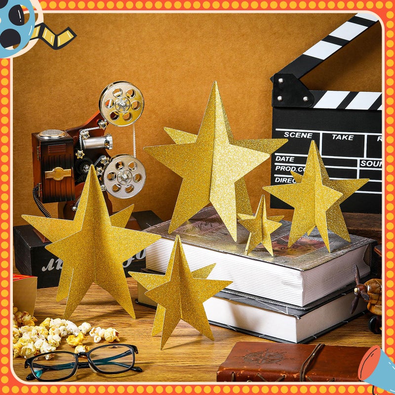 Sinload 45 Pcs 3D Glitter Star Decorations Back to School Work Stars Centerpiece 3 Sizes Standing Hanging Decor for School Centerpiece Starry Movie Night Themed Party Decor(Stylish,Gold) - Image 3