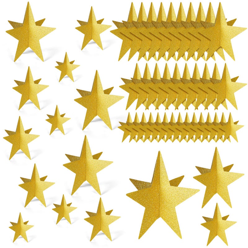 Sinload 45 Pcs 3D Glitter Star Decorations Back to School Work Stars Centerpiece 3 Sizes Standing Hanging Decor for School Centerpiece Starry Movie Night Themed Party Decor(Stylish,Gold) - Image 1