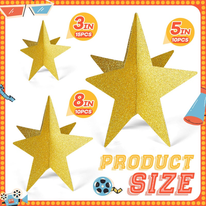 Sinload 45 Pcs 3D Glitter Star Decorations Back to School Work Stars Centerpiece 3 Sizes Standing Hanging Decor for School Centerpiece Starry Movie Night Themed Party Decor(Stylish,Gold) - Image 2