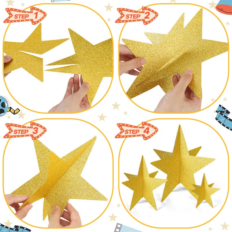 Sinload 45 Pcs 3D Glitter Star Decorations Back to School Work Stars Centerpiece 3 Sizes Standing Hanging Decor for School Centerpiece Starry Movie Night Themed Party Decor(Stylish,Gold) - Image 4