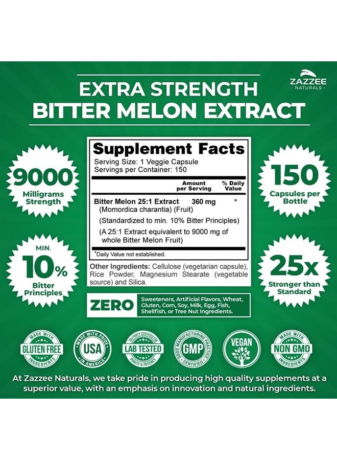 Zazzee Extra Strength Bitter Melon 25:1 Extract, 9000 mg Strength, 150 Vegan Capsules, 10% Bitter Principles, 5 Month Supply, Non-GMO and All-Natural - Image 2