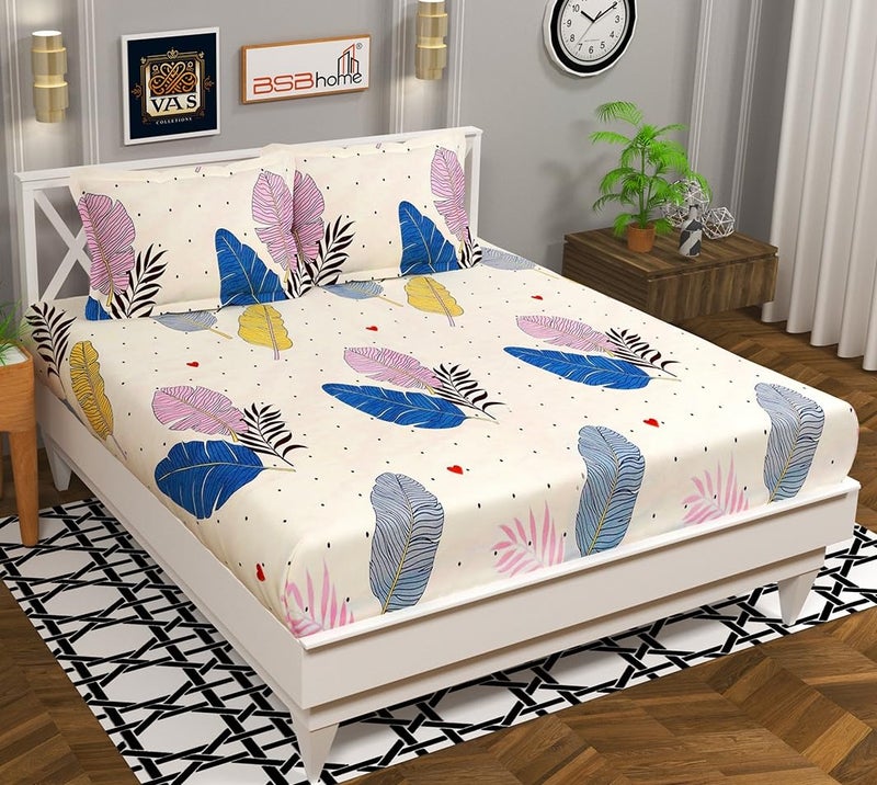 VAS COLLECTIONS Premium 3D Printed 144 TC Microfiber Double Bedsheet with 2 King Size Pillow Covers (90X90 Inches) Floral White, Blue & Grey - Image 1