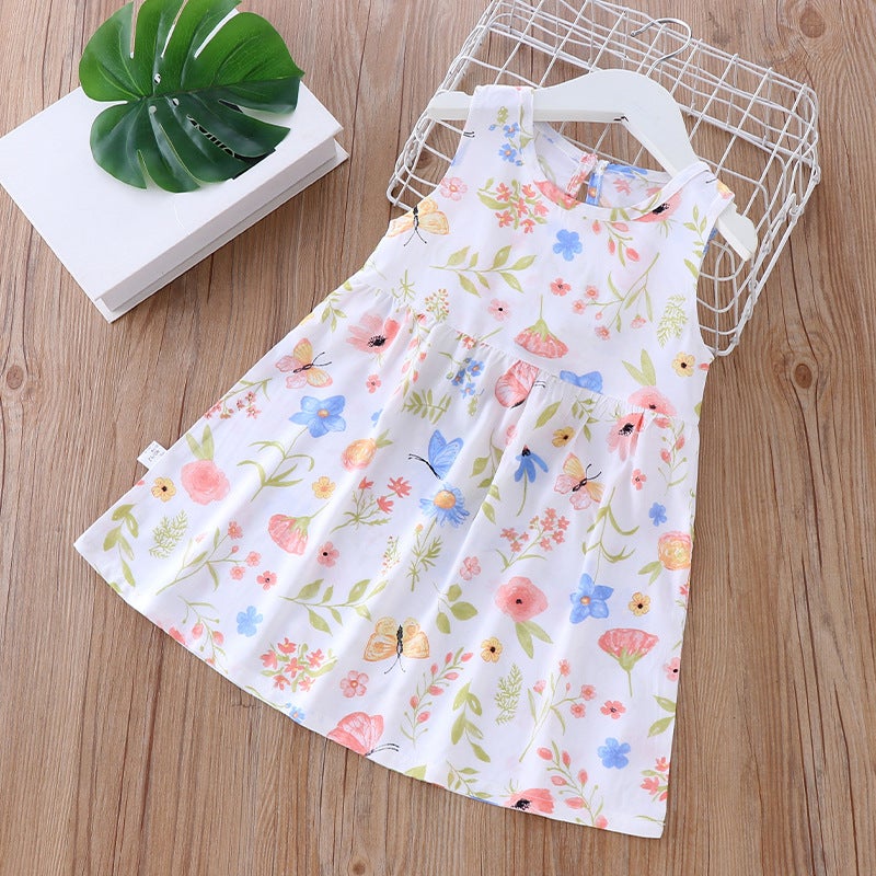 Children's dress Summer Girl's Floral Princess Dress Beach Dress 2025 Summer New Cotton Silk Sling Vacant Dress - Image 1