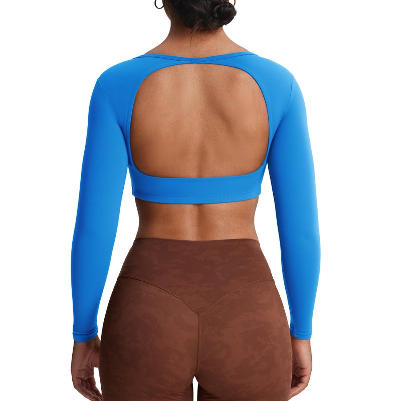 Aoxjox Workout Long Sleeve Crop Tops for Women Clarissa Backless Gym Cropped T Shirt Top (Directoire Blue, Small) - Image 1