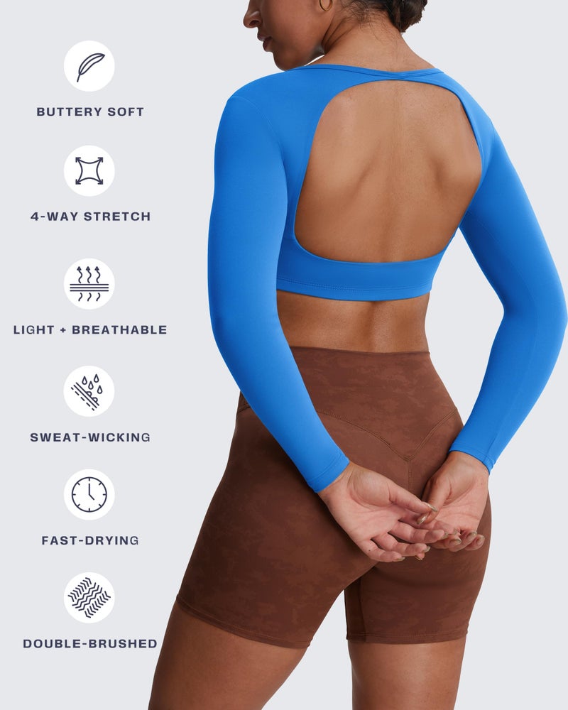Aoxjox Workout Long Sleeve Crop Tops for Women Clarissa Backless Gym Cropped T Shirt Top (Directoire Blue, Small) - Image 4