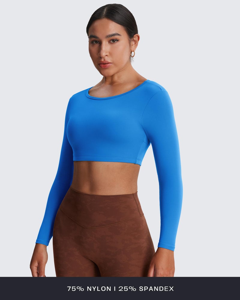 Aoxjox Workout Long Sleeve Crop Tops for Women Clarissa Backless Gym Cropped T Shirt Top (Directoire Blue, Small) - Image 3