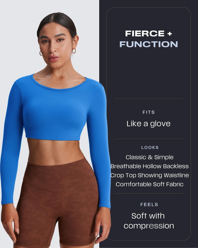 Aoxjox Workout Long Sleeve Crop Tops for Women Clarissa Backless Gym Cropped T Shirt Top (Directoire Blue, Small) - Image 2