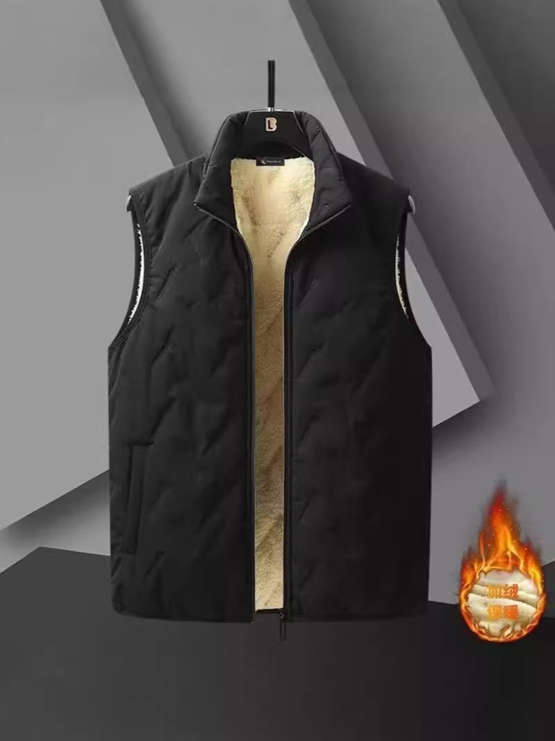 Lambskin Vest Men'S Fleece-Lined Thickened Warm Cotton-Padded Vest With Vertical Collar Vest For Men - Image 3