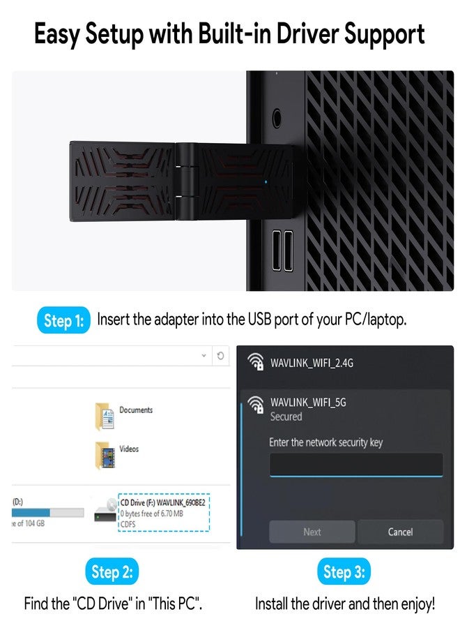 WAVLINK WiFi 7 USB Adapter for Desktop PC, BE6500 Tri-Band Wireless Network Adapter, New 6GHz Band Support, Up to 6452Mbps, WPA3, MU-MIMO, OFDMA, Supports Windows 11/10 - Image 5