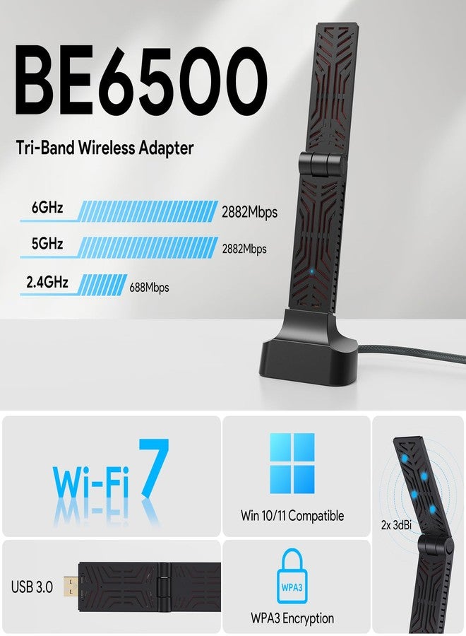 WAVLINK WiFi 7 USB Adapter for Desktop PC, BE6500 Tri-Band Wireless Network Adapter, New 6GHz Band Support, Up to 6452Mbps, WPA3, MU-MIMO, OFDMA, Supports Windows 11/10 - Image 2