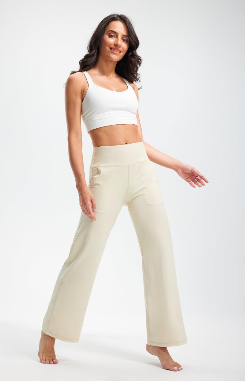 Libin Wide Leg Pants for Women Yoga Pants 29" High Waist Lounge Work Dress Outfits Stretch Straight Leg Sweatpants for Vacation, Light Khaki, L - Image 3