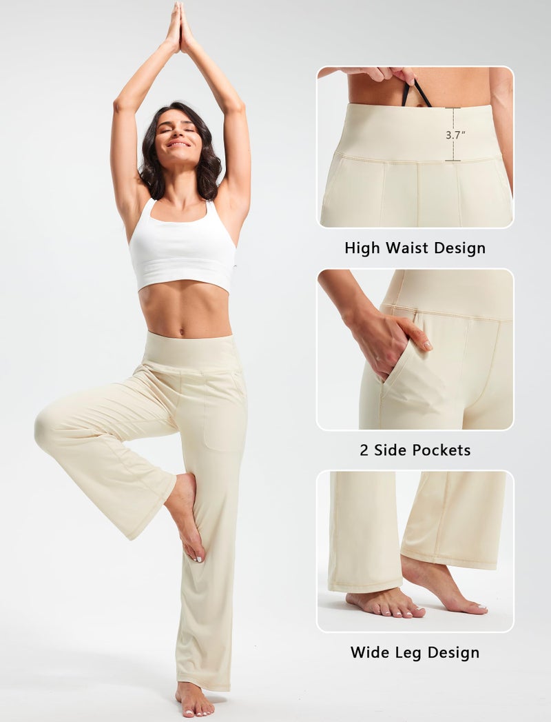 Libin Wide Leg Pants for Women Yoga Pants 29" High Waist Lounge Work Dress Outfits Stretch Straight Leg Sweatpants for Vacation, Light Khaki, L - Image 4