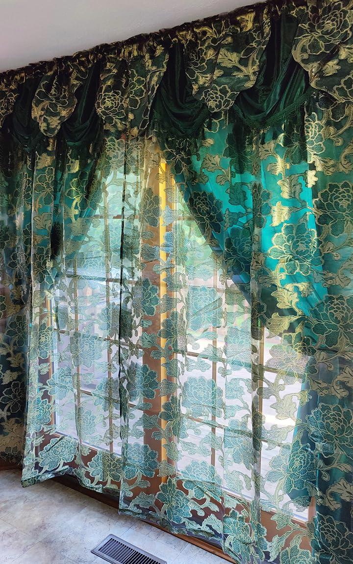 GOHD Golden Ocean Home Decor GOHD Royal ROSARIUM Clipped VoileVoile Jacquard Window Curtain Panel Drape with Attached Fancy Valance  Taffeta Backing 2pcs Set Each pc 54 Wide x 84 Drop  18 Valance Teal