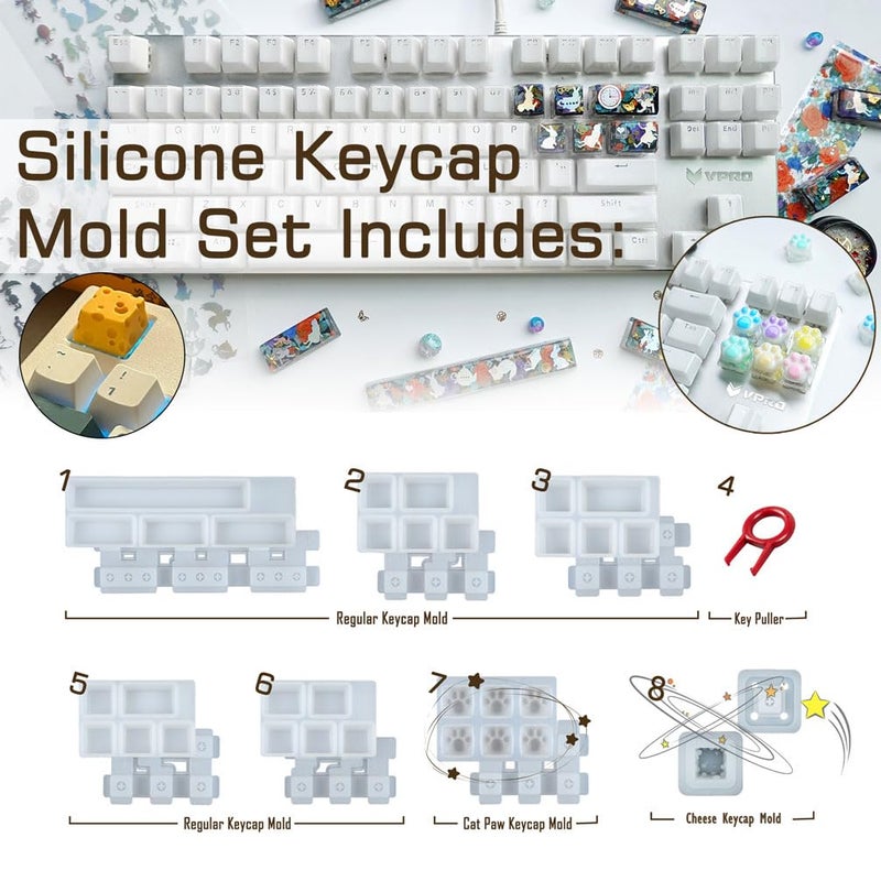 FUNSHOWCASE Keycaps Epoxy Resin Casting Molds Set for Mechanical Gaming Keyboard Polymer Clay Crafts 7 Silicone Trays with Key Puller - Image 3