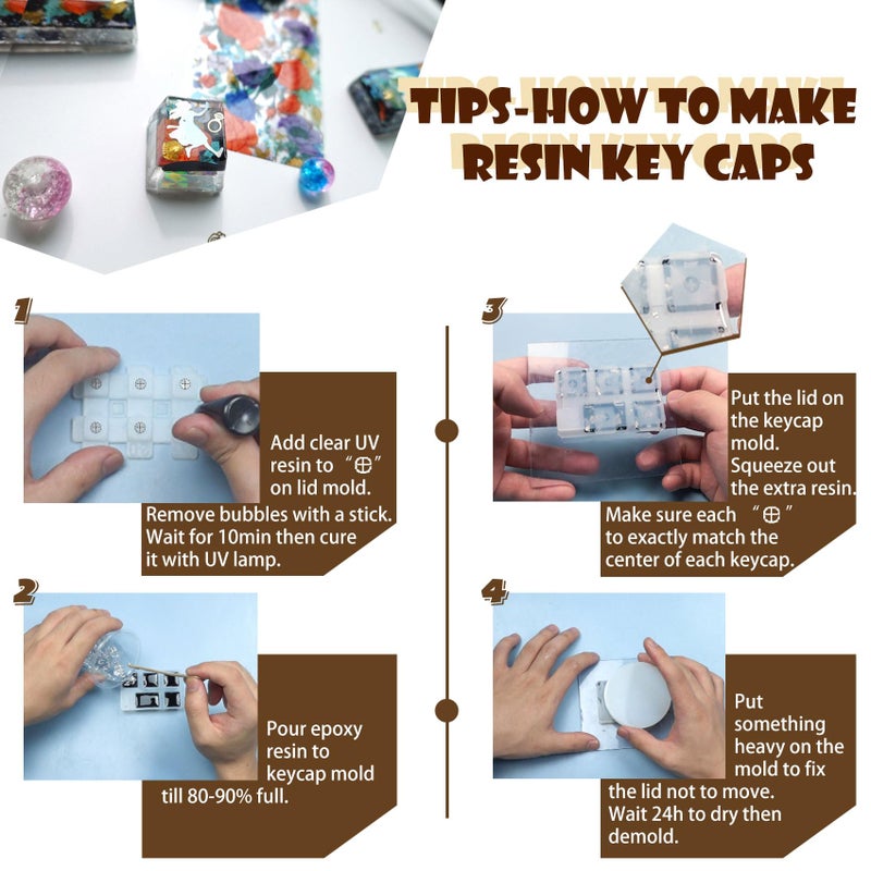 FUNSHOWCASE Keycaps Epoxy Resin Casting Molds Set for Mechanical Gaming Keyboard Polymer Clay Crafts 7 Silicone Trays with Key Puller - Image 5