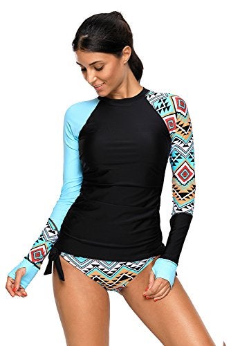 Lopie Women's Long Sleeves Rash Guard Athletic Swim Aztec Bathing Suit Beachwear (Large, Blue) - Image 5