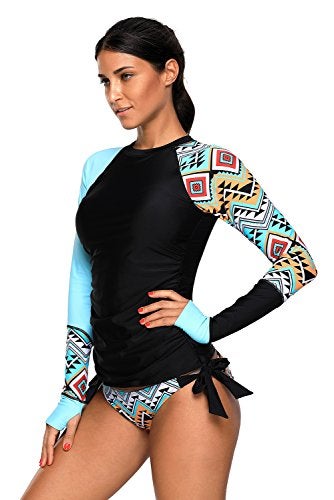 Lopie Women's Long Sleeves Rash Guard Athletic Swim Aztec Bathing Suit Beachwear (Large, Blue) - Image 3