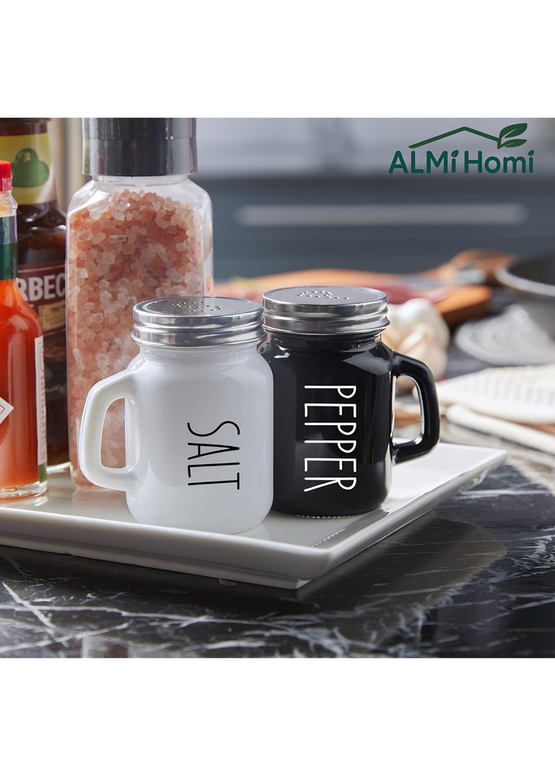 ALMiHomi Salt and Pepper Shakers Set, 2 Pcs Elegant Glass Shakers with Stainless Steel Lids, Minimalist Luxury Design for Home Kitchen, Dining Table, Restaurant, BBQ, and Wedding Decor, Black & White - Image 1