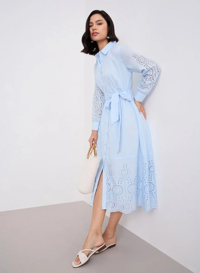 Styli Light Blue Schiffli Shirt Midi Dress